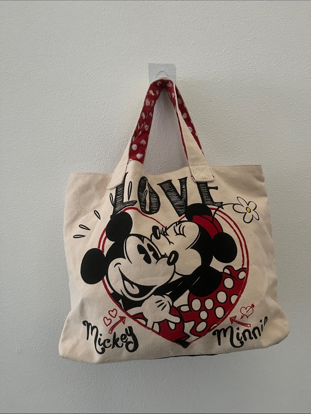 Disney Cream Canvas Tote with Red Heart & Mickey Minnie Art
